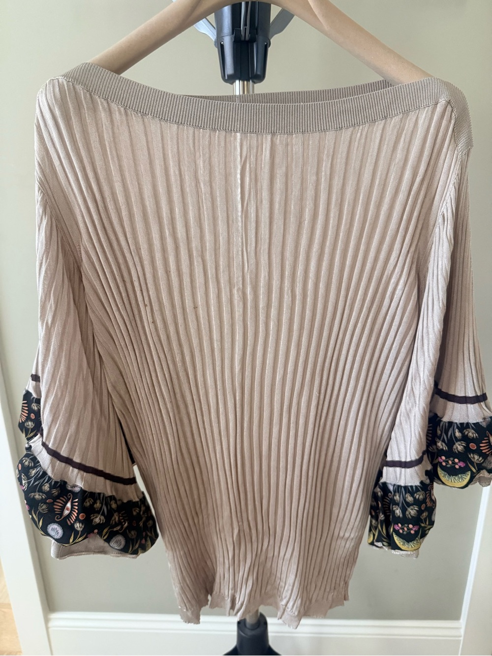 Chloe Taupe Off-the-Shoulder Pleated Sweater with Floral Ruffle Sleeves